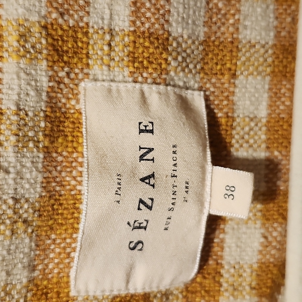 SEZANE EURIELLE Shirt Ochre Ecru Gingham Checks Organic cotton + linen | Size 6 - Picture 2 of 9